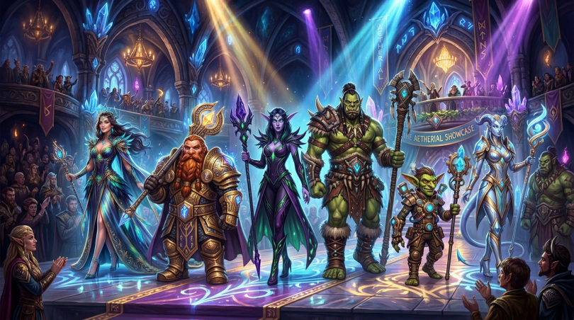Fantasy characters including an elf, dwarf, night elf, orc, goblin, and other mystical beings on a glowing stage with a cheering crowd
