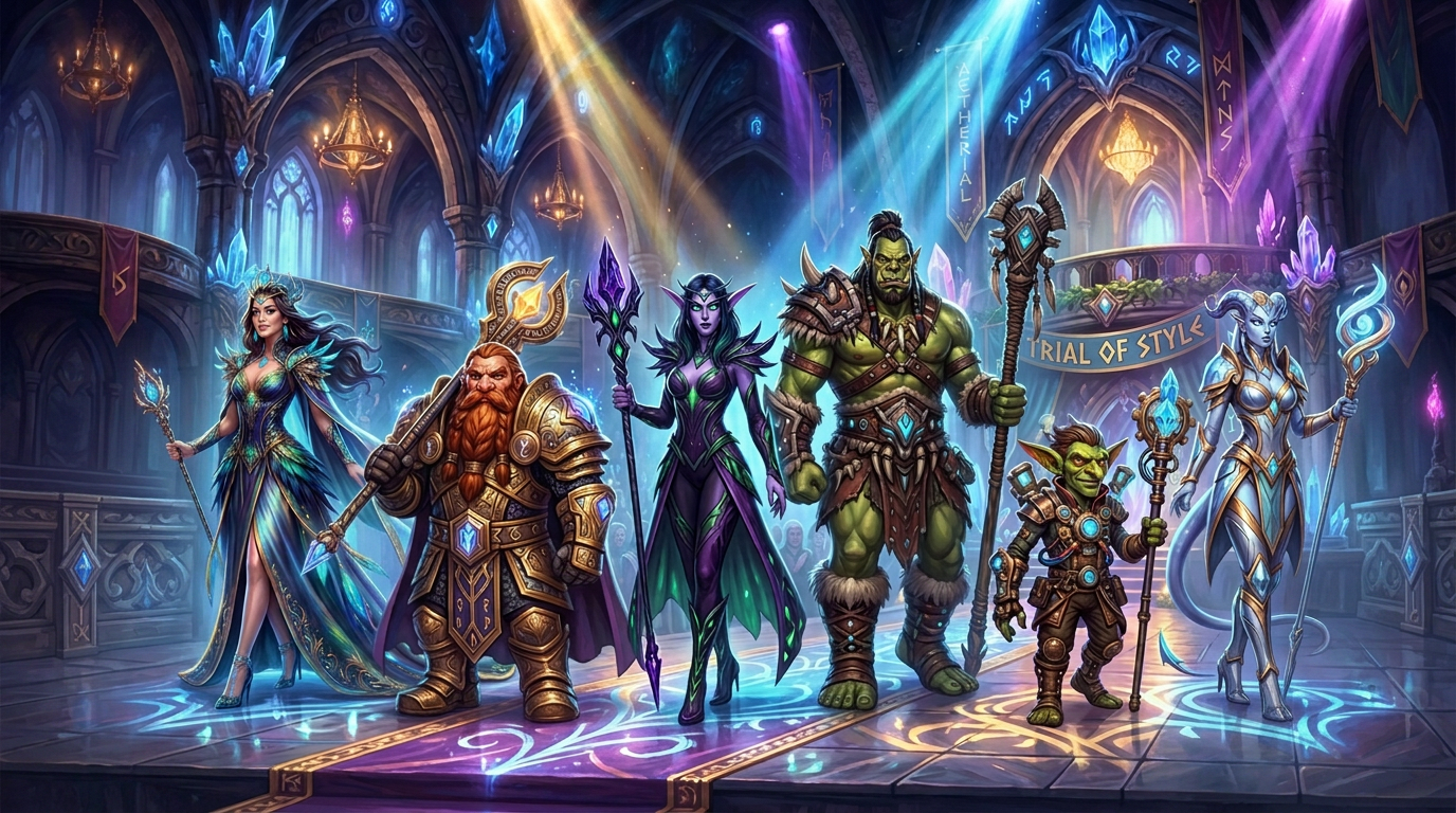 Fantasy characters including an elf, dwarf, night elf, orc, goblin, and other mystical beings on a glowing stage with a cheering crowd